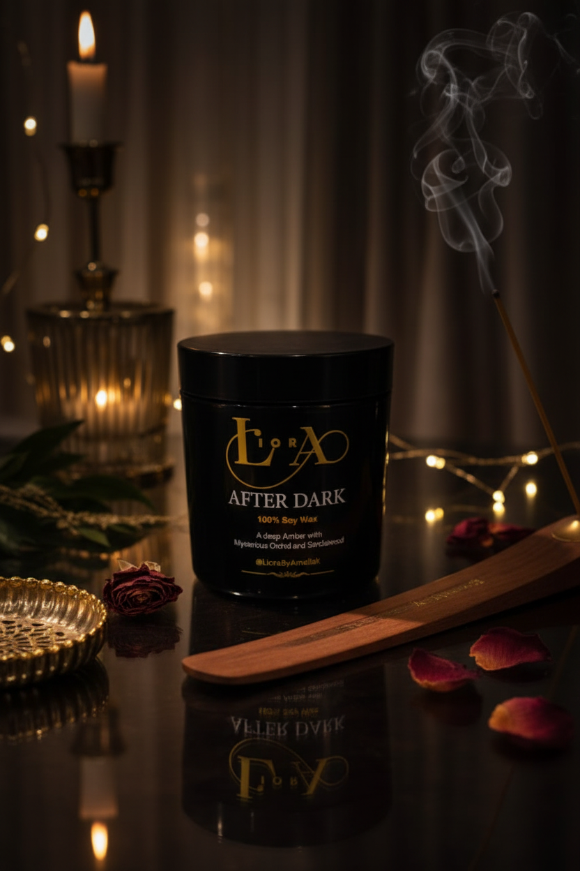 After Dark candle lifestyle shot with moody lighting
