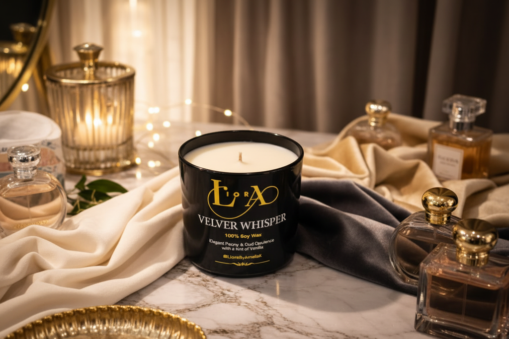 Velvet Whisper candle on vanity with perfume bottles