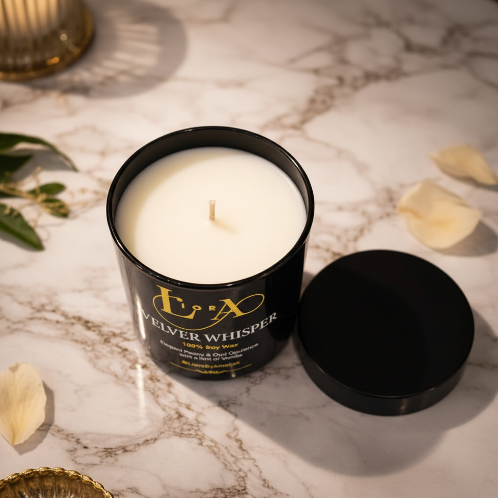 Velvet Whisper candle with lid removed showing soy wax