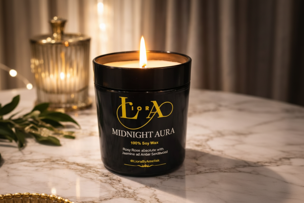 Midnight Aura luxury candle lit with warm glow in romantic setting