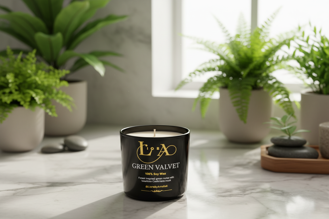 Green Velvet candle without lid in spa bathroom setting