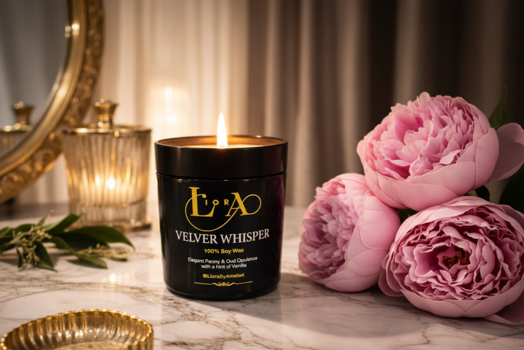 Velvet Whisper luxury candle lit with peony flowers