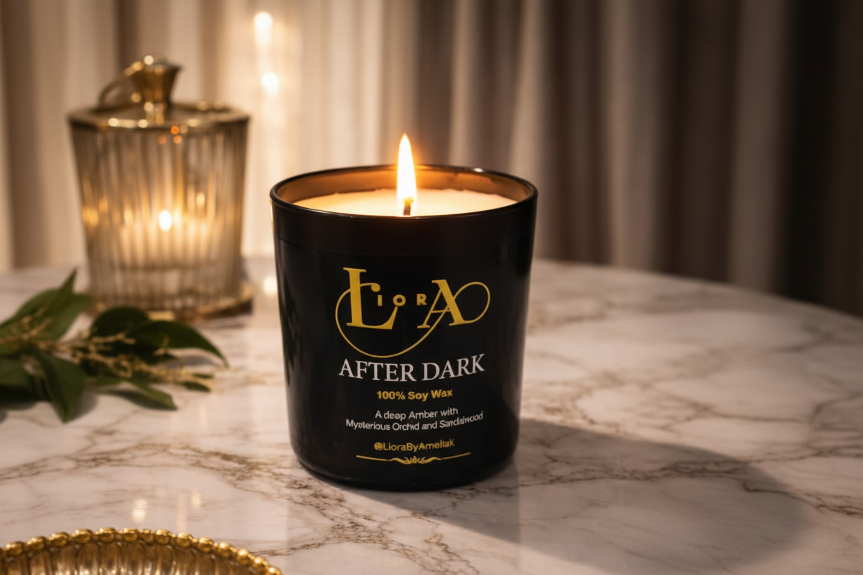 After Dark luxury candle lit with warm glow in evening setting