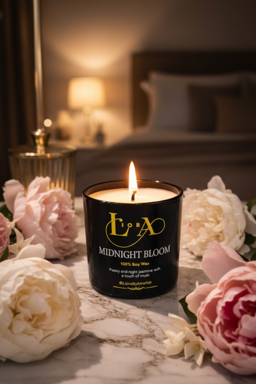 Midnight Bloom candle lit in romantic bedroom setting