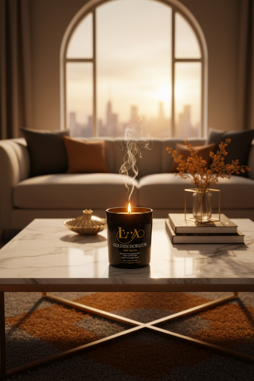 Golden Horizon candle lifestyle shot with sunset lighting