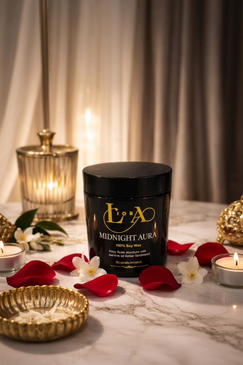 Midnight Aura candle lifestyle shot with romantic elements