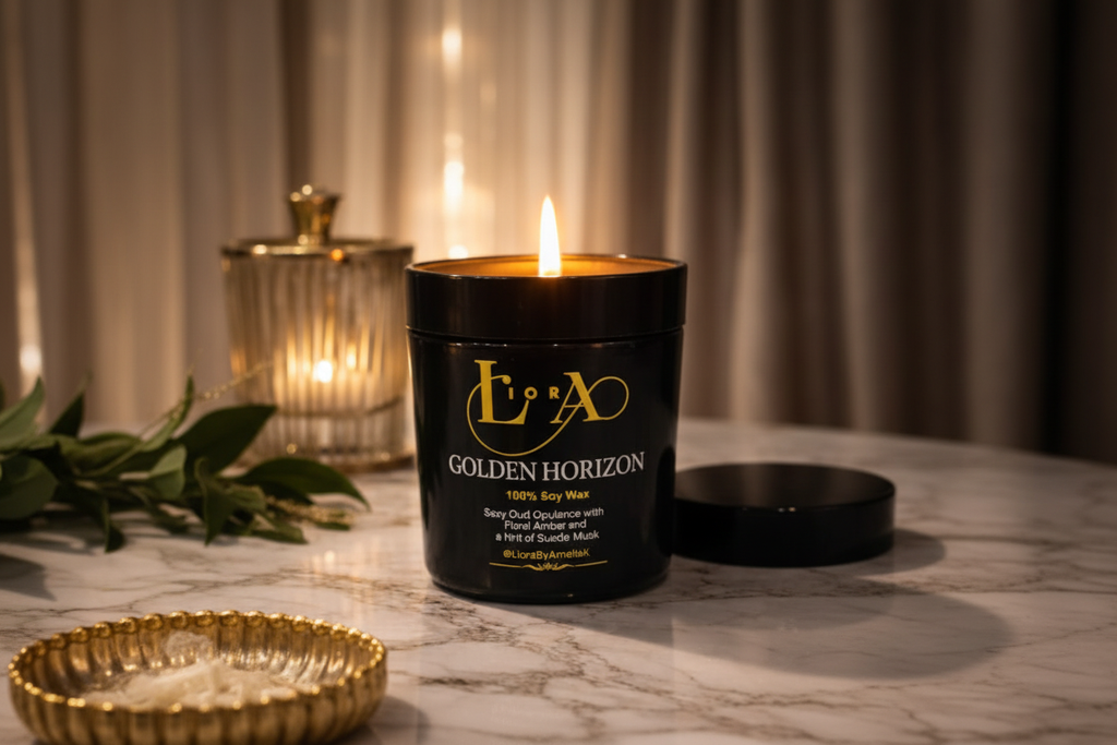 Golden Horizon luxury candle lit in golden hour setting