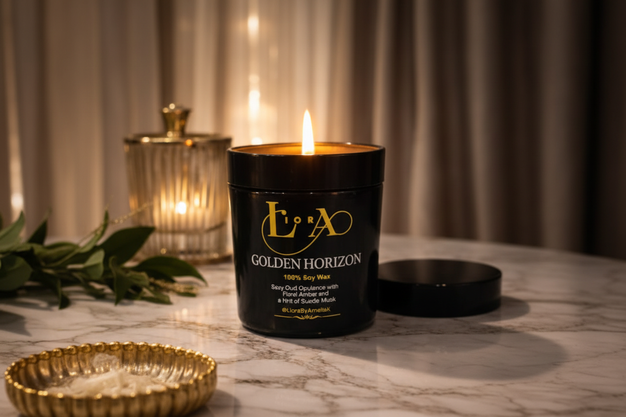 Golden Horizon luxury candle lit in golden hour setting