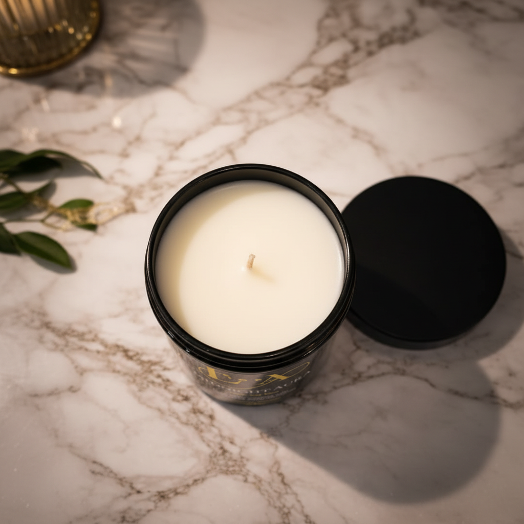 Midnight Aura candle top-down view showing soy wax