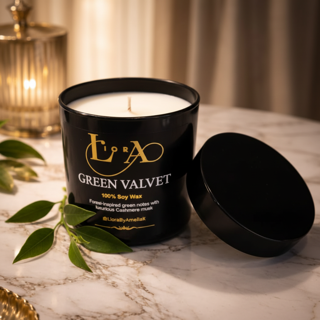 Green Velvet candle with lid removed showing soy wax with botanicals
