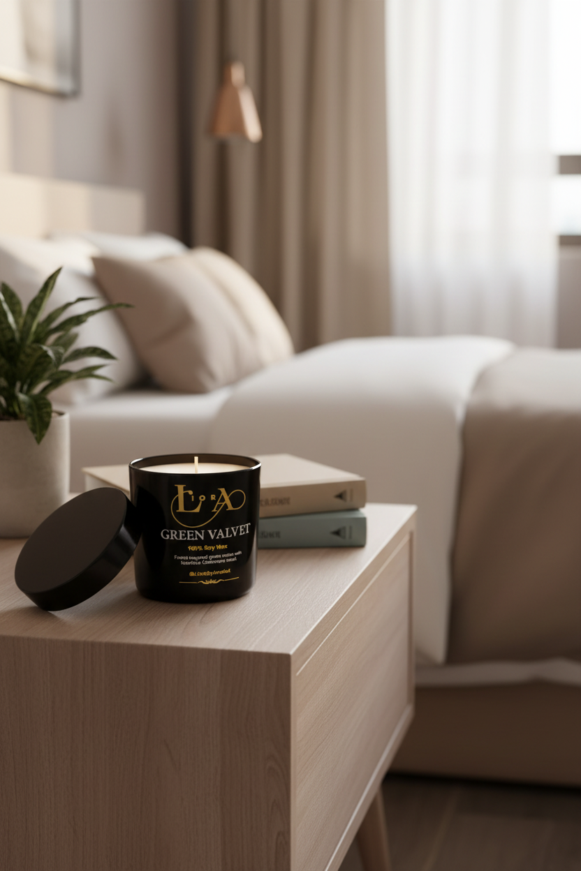 Green Velvet candle open on bedside table with greenery